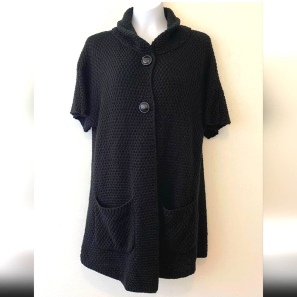 Chico's  Chunky Black Short Sleeve Wool blend Cardigan, Preppy, Retro EUC